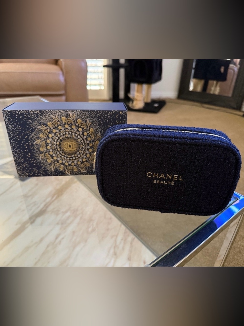 Chanel• NWT Navy Felt Holiday Edition Cosmetic Pouch with Logo Box